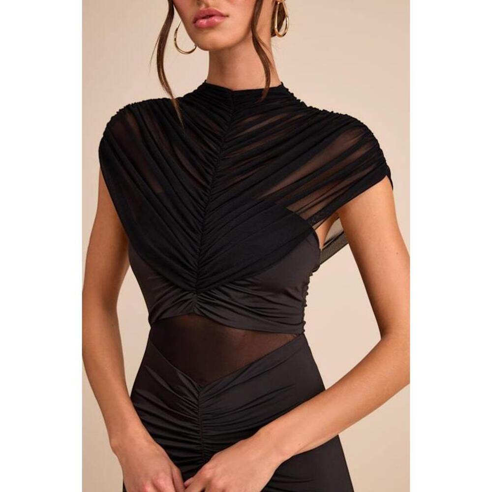 Lulus Murielle Black Mesh Ruched Maxi Dress - Size S